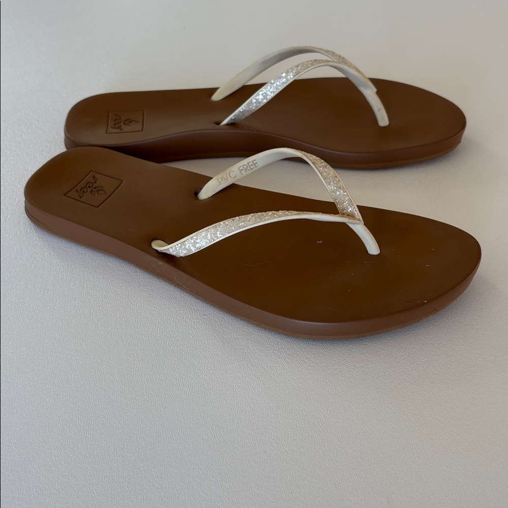 Reef Stargazer Flip Flops Brown Bottom/Glitter Cream Top Summer Cruise Size 8-9